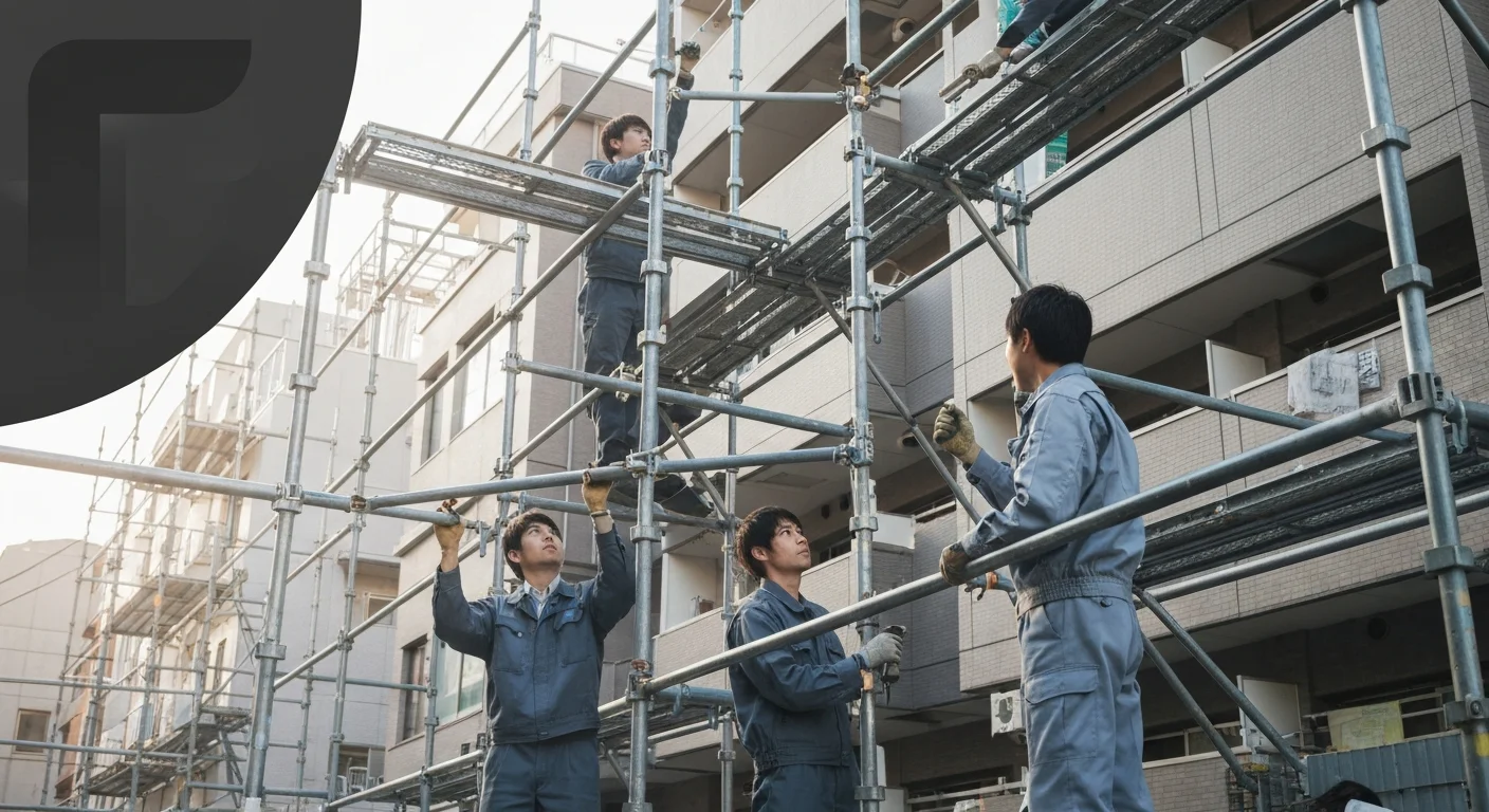 複数の作業員が建物外周の足場を連携して組み立てる現場全景