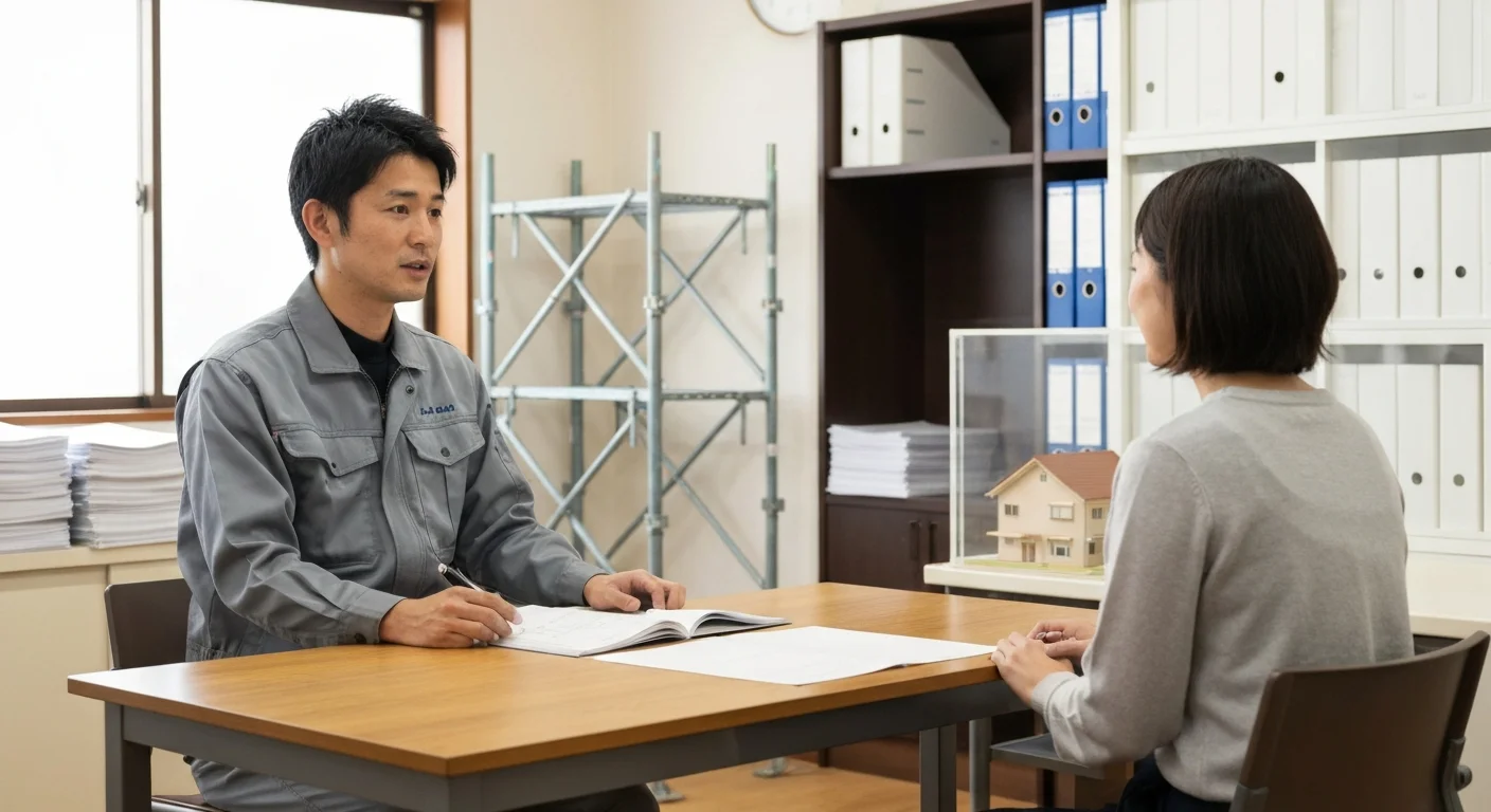 現場で図面を広げて足場計画を確認する作業員と建設担当者